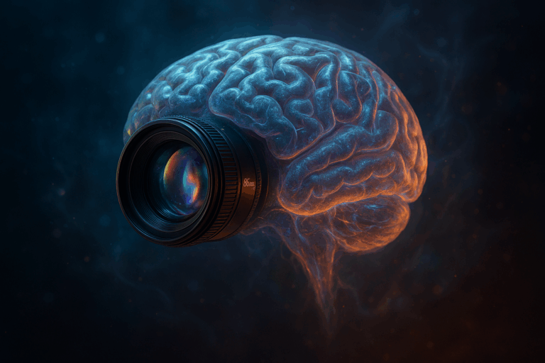 Digital illustration of a camera lens seamlessly merging with a glowing human brain, symbolizing the intersection of photography and cognition. The cosmic background enhances the atmosphere, reflecting the concept of mental models as tools for perception and thinking