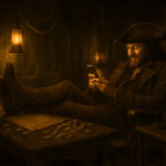 Pirate captain relaxing in lantern-lit cabin, boots on table, reading a glowing smartphone