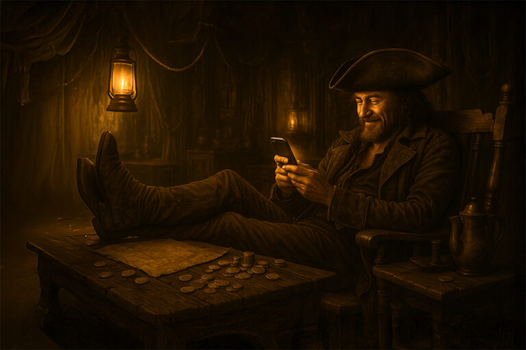 Pirate captain relaxing in lantern-lit cabin, boots on table, reading a glowing smartphone