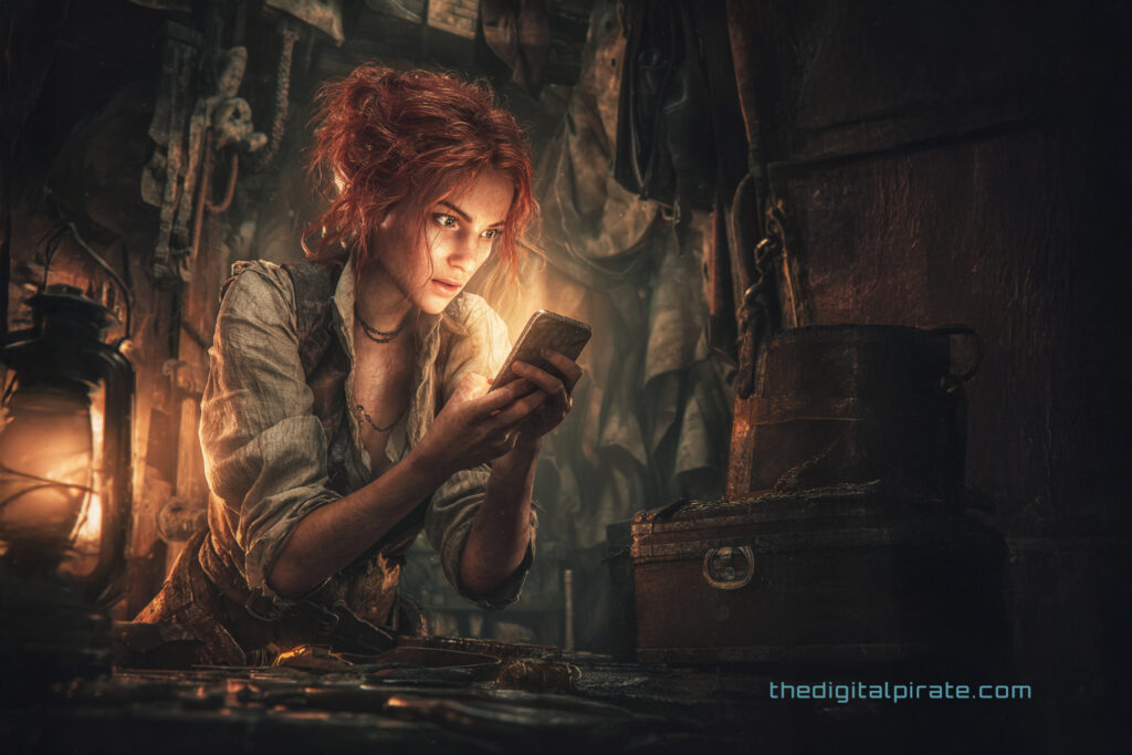 Red-haired female pirate captain in leather coat studying a glowing smartphone aboard her ship, lantern light illuminating her face