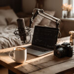 creator desk with podcast setup