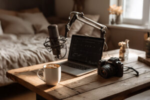 creator desk with podcast setup