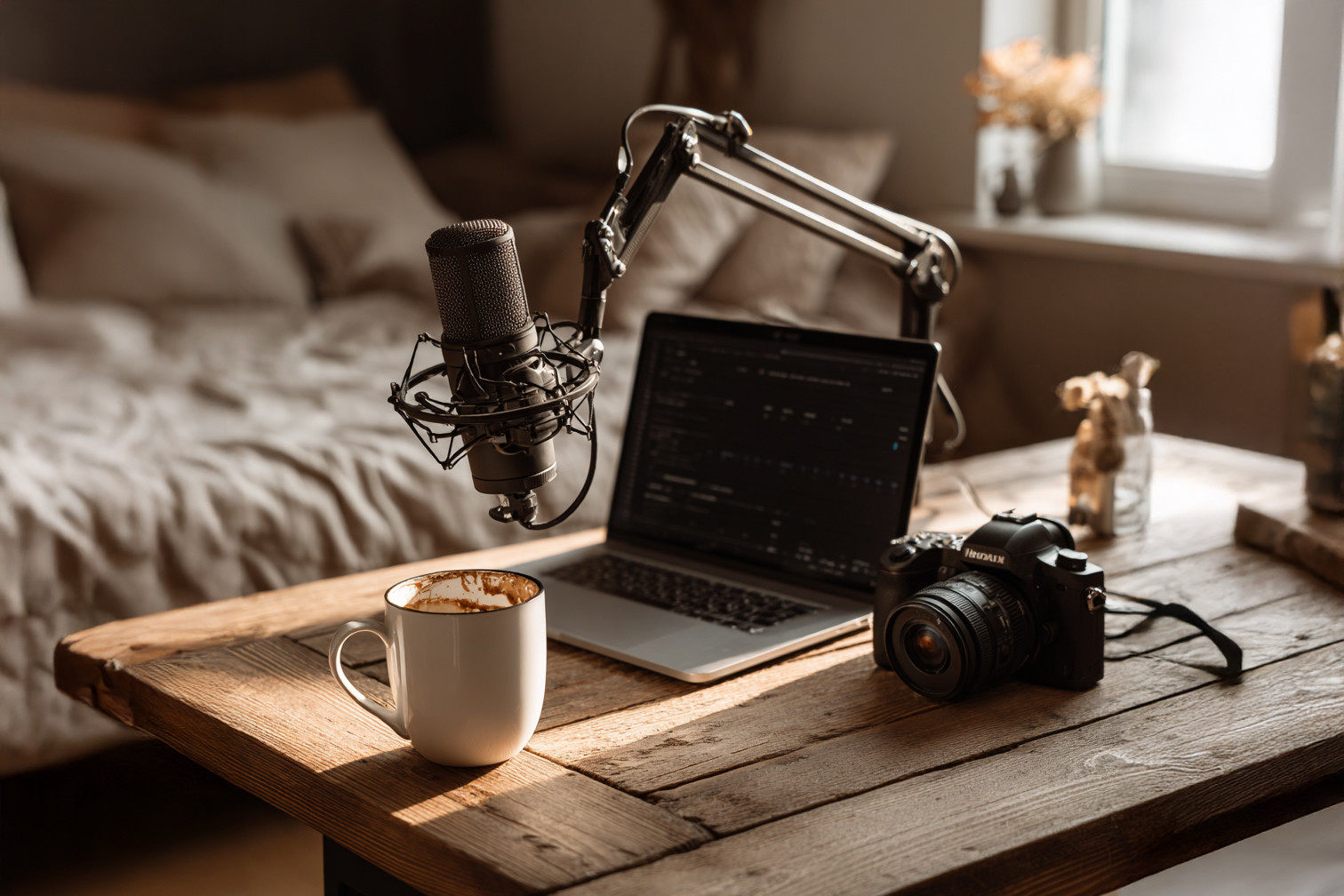 creator desk with podcast setup